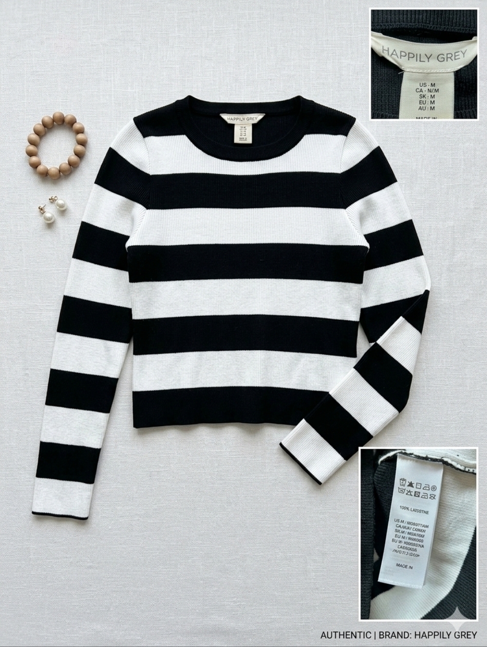 Happily Grey Striped Crewneck Knit Top - Black & White Parisian Chic Minimalist